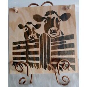 Handmade Cows by Fence Wood Burnished 8 1/2" X 8 1/2" Wall Hanging Country Decor